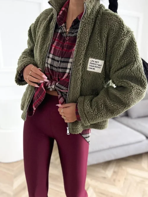Kurtka teddy „misiek” khaki na suwak ze stójką